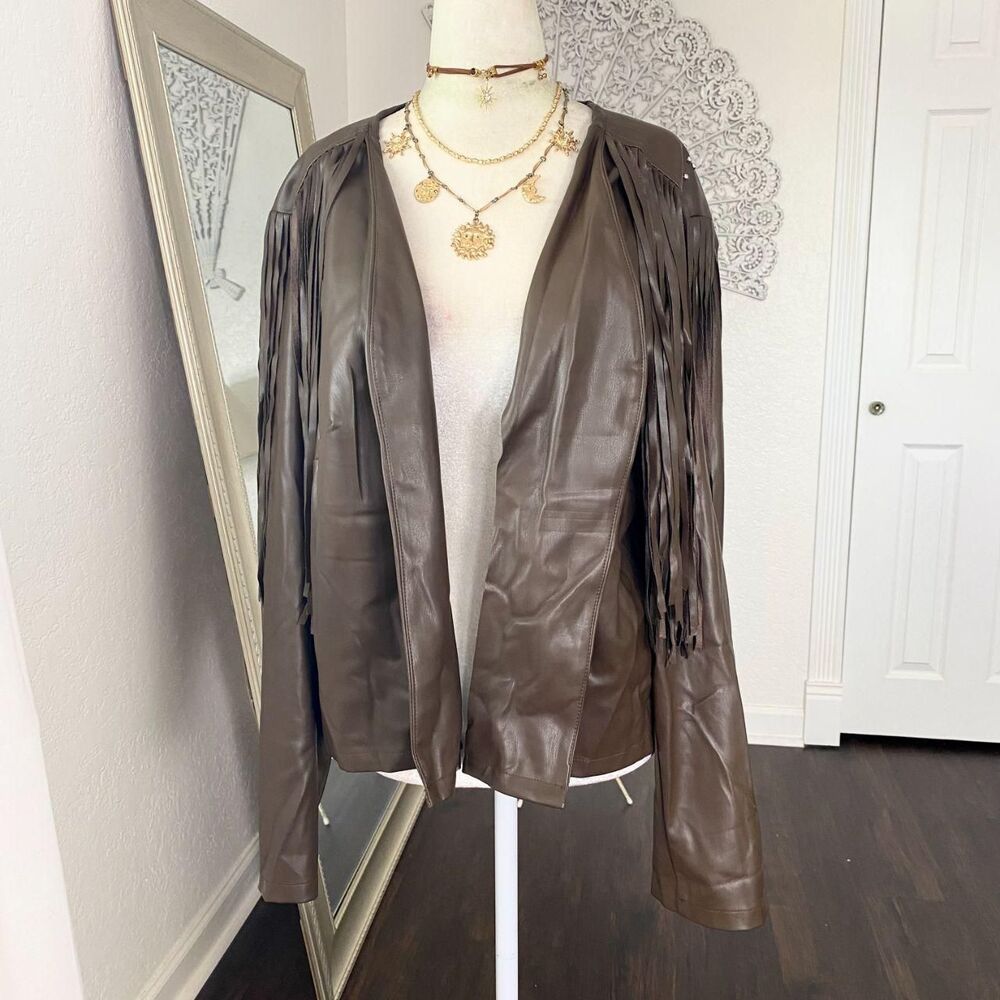 Cato Plus Size Boho Western Brown Fringe Studded Faux Leather Jacket 18 / 20 XL